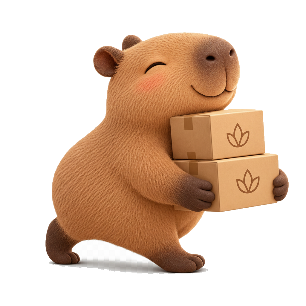 Capybara carrying CAPYLIGHT candle boxes