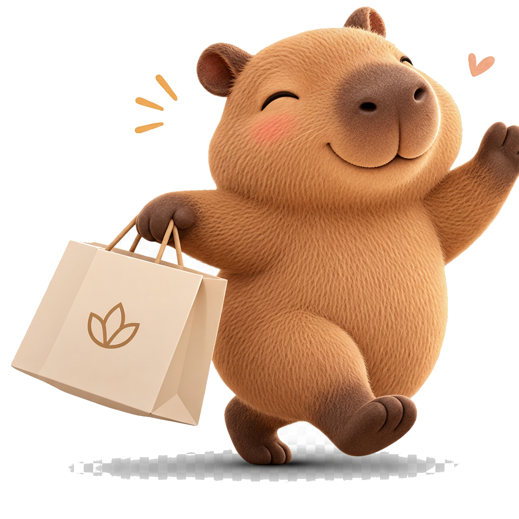 Happy capybara waving with a CAPYLIGHT shopping bag